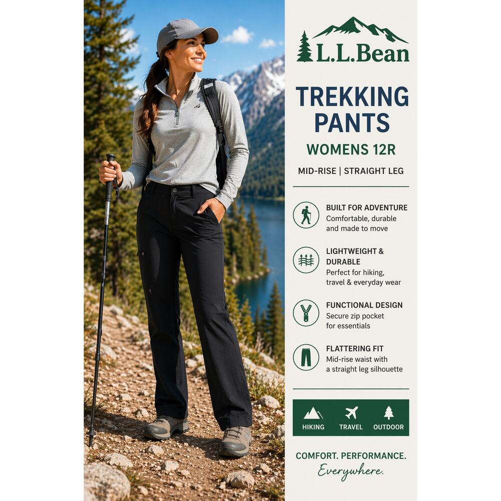 LL Bean Womens Trekking Pants, Mid-Rise Straight-Leg Black SZ12R Outdoor